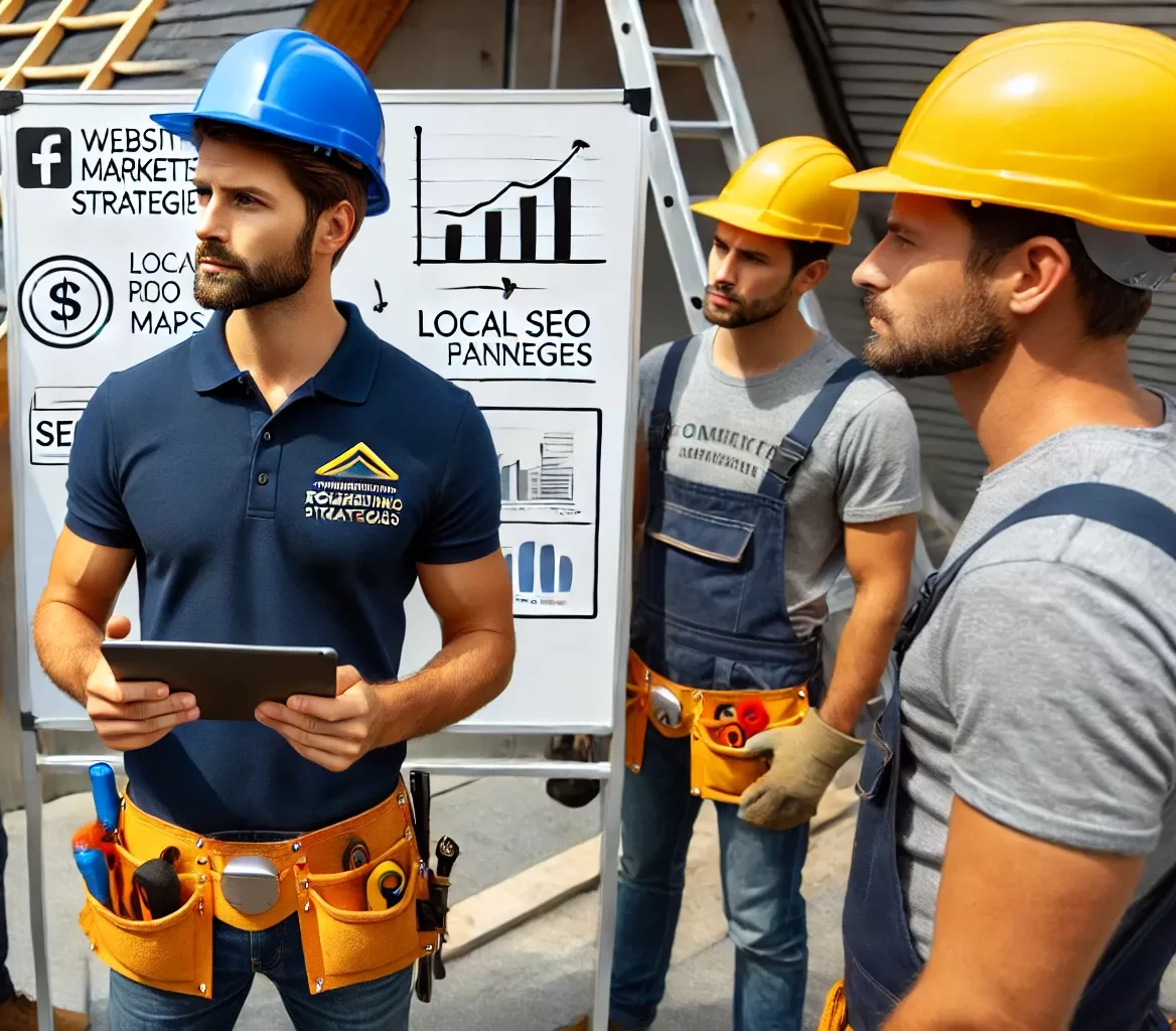 DALL·E 2025-03-10 17.51.05 – A professional roofer wearing a branded company polo and a hard hat is instructing his team on marketing strategies at a job site. He is holding a tab